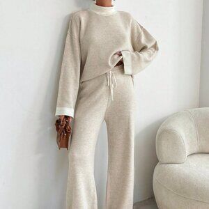 Brown Casual Women's High Neck Soft Touch Sweater and Pant Two Piece Set